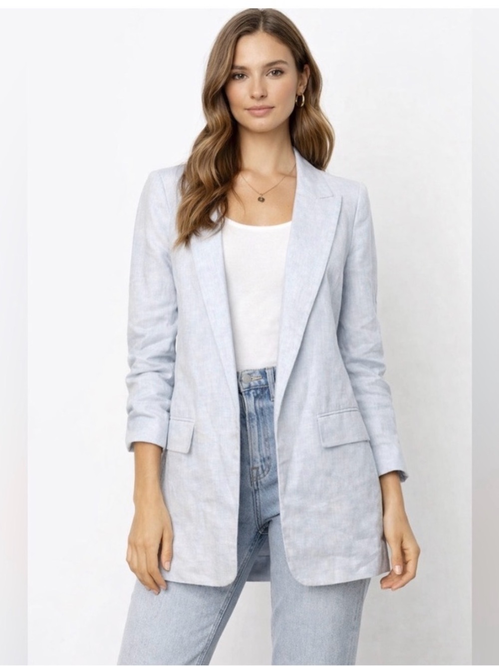 ZARA Pastel Blue Linen Oversized Tailored Blazer S Small